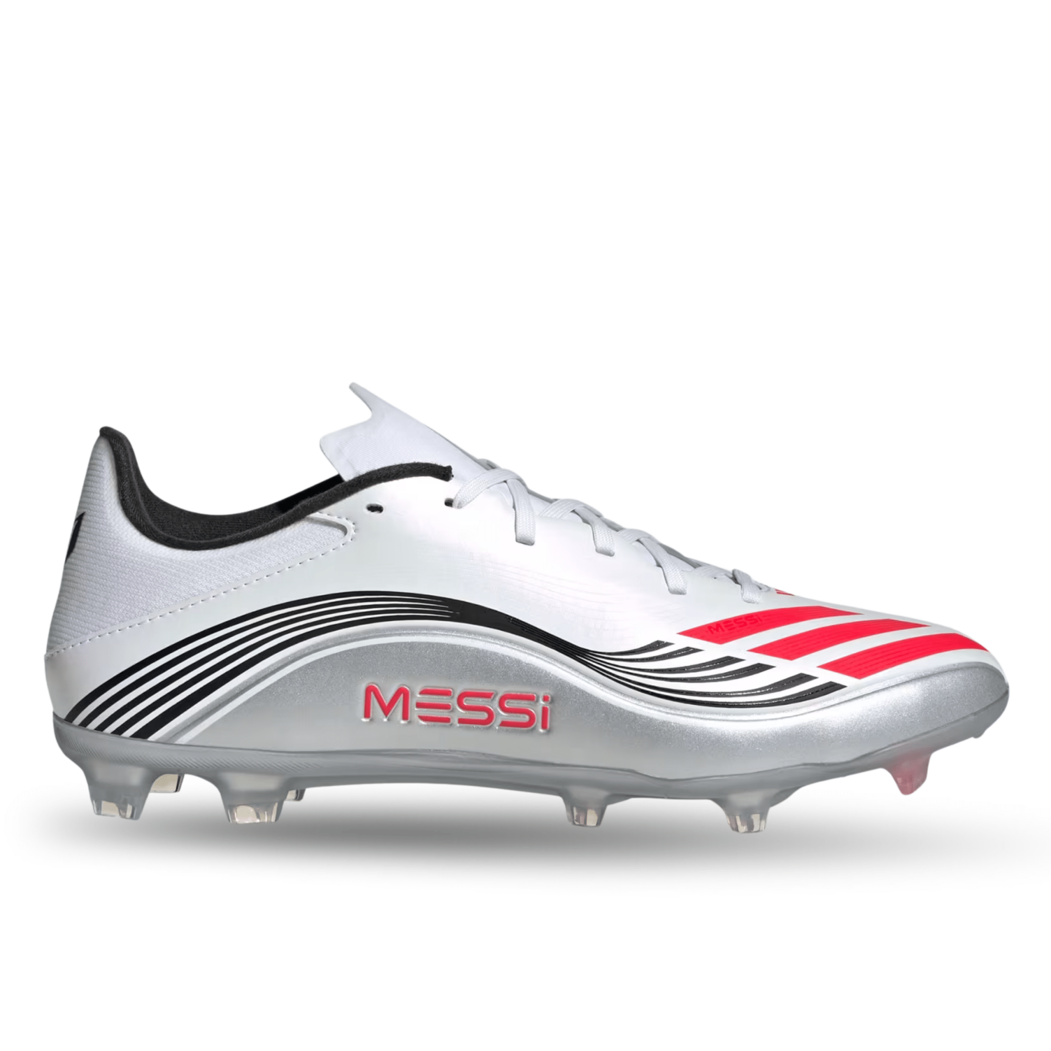 adidas F50 Messi League FG/MG Soccer Cleats (White/Lucid Red/Silver Metallic) | SoccerWearhouse