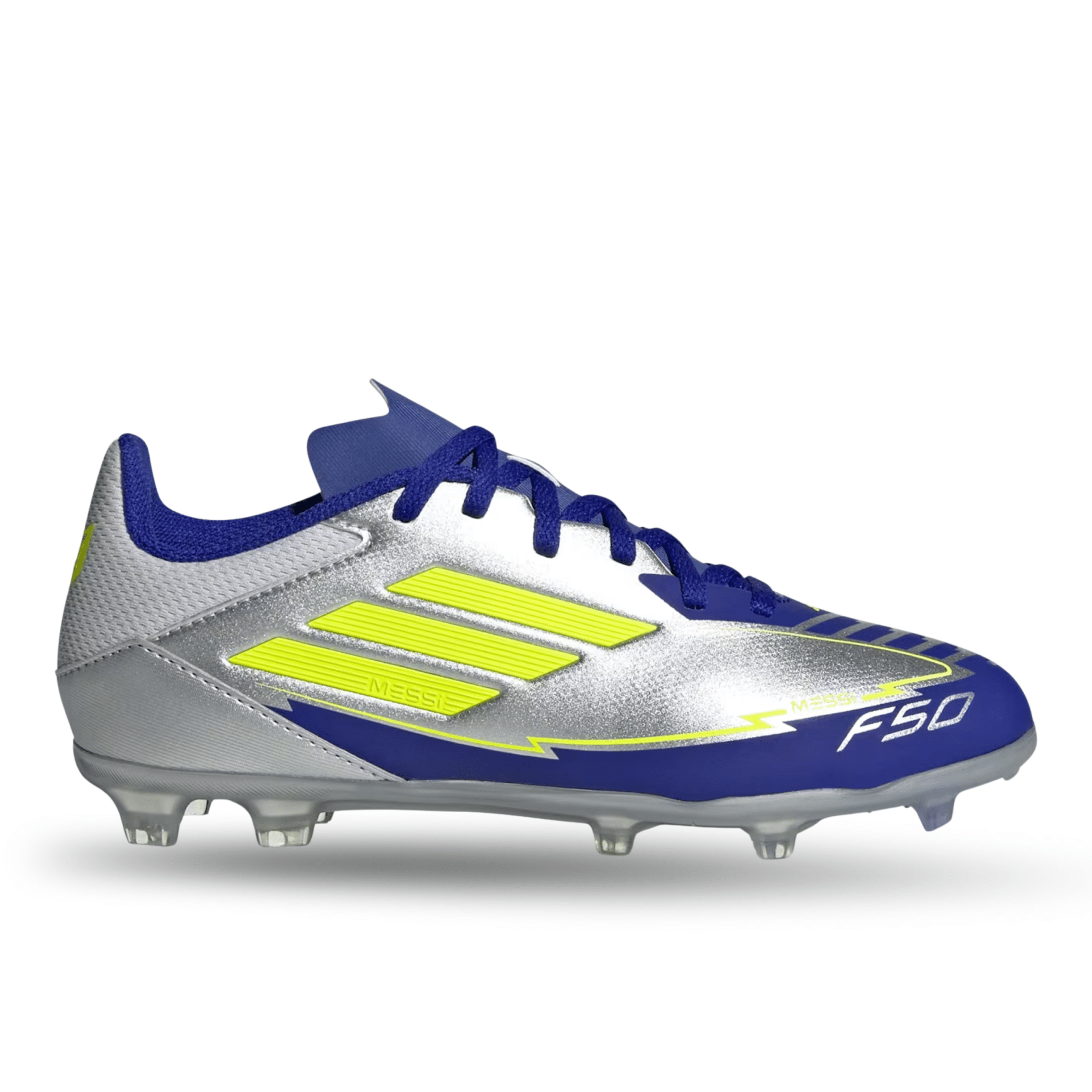 adidas Youth Jr. F50 Messi League FG/MG J Socce Cleats (Silver Metallic/Solar Yellow/Lucid Blue) | SoccerWearhouse