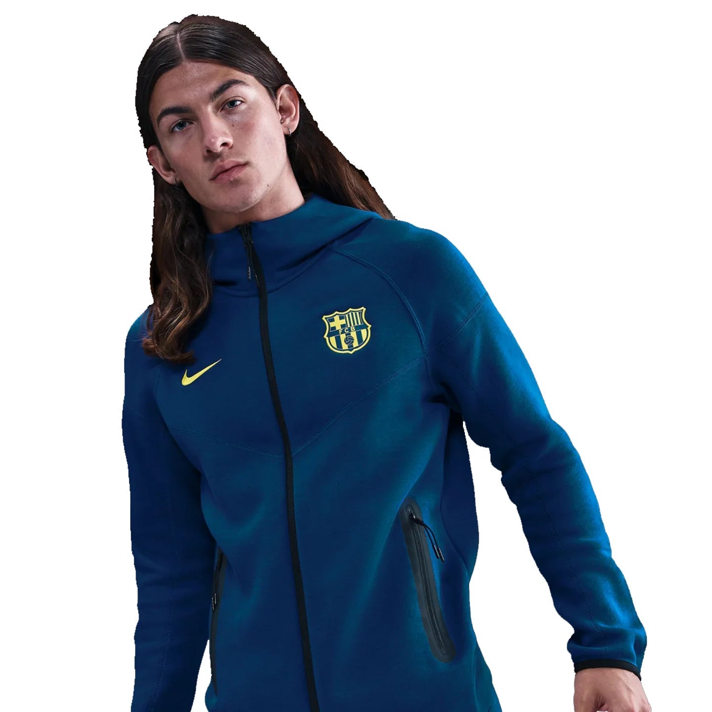 Nike FC Barcelona 25/26 Tech Fleece Special Edition Full Zip Hoodie (Gym Blue/Opti Yellow) | SoccerWearhouse